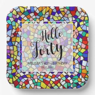 Modern Mosaic Colorful Hello Forty 40th Birthday Paper Plates
