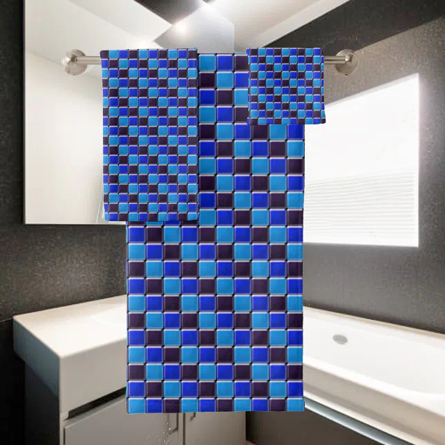 Modern mosaic in black, royal blue and light blue bath towel set | Zazzle