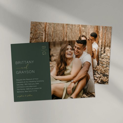 Modern Moss Green 2 Photo Wedding Foil Invitation