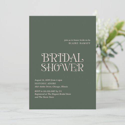 Modern Moss Green Bold Elegant Bridal Shower Invitation