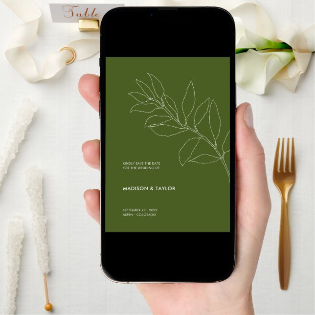 Modern Moss Green Botanical Floral Illustration Save The Date (Front Digital)