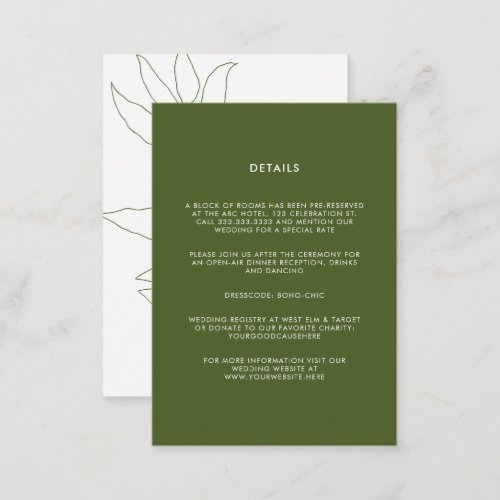 Modern Moss Green Botanical Floral Wedding Enclosure Card