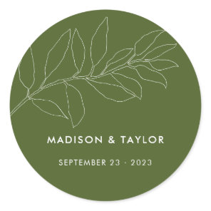 Modern Moss Green Botanical Floral Wedding Favor Classic Round Sticker