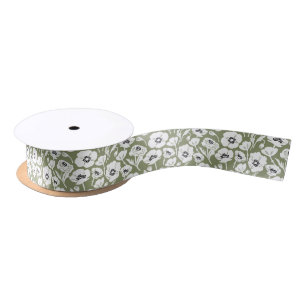 Modern Moss Green Floral Satin Ribbon