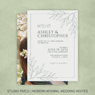 Modern Moss Green Foliage Outline Photo Wedding Invitation