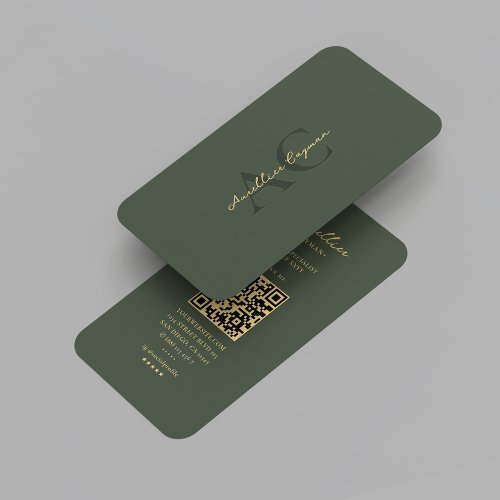 Modern Moss Green Gold Monogram Professional Business Card