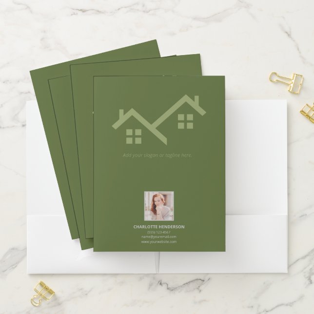 Modern Moss Green Real Estate Logo Photo Template Pocket Folder (In Situ)