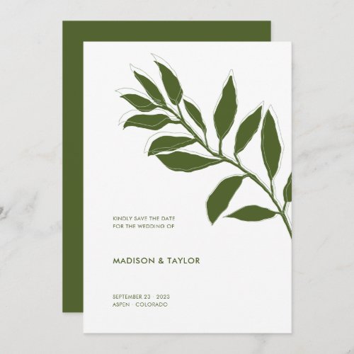 Modern Moss Green Two Tone Botanical Illustration Save The Date