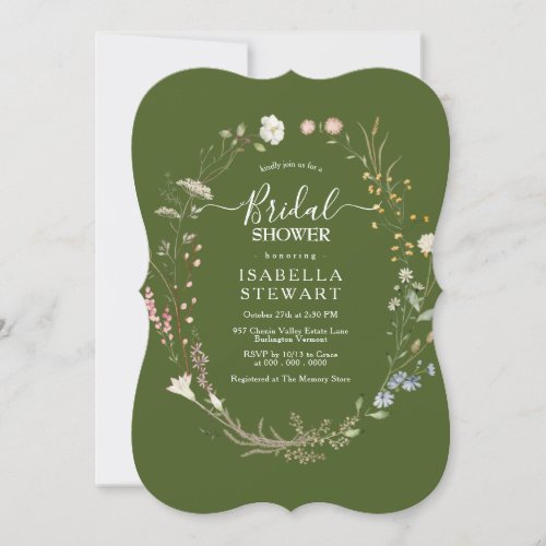 Modern Moss Green Wildflower Elegant Bridal Shower Invitation