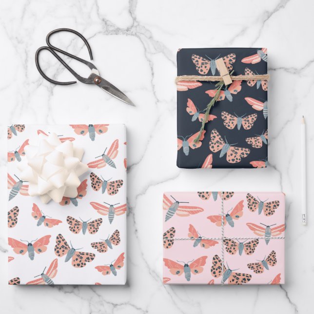 Modern Moth Pattern Colorful Elegant Chic Pink Wrapping Paper Sheets (Front)