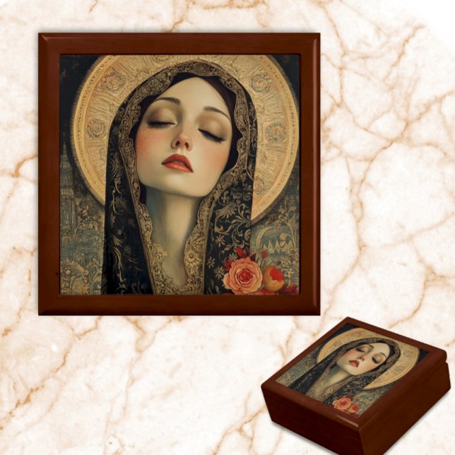 Modern Mother Mary Golden Halo Keepsake Box (Wooden Keepsake Box - Modern Byzantine Virgin Mother Mary - Religious Gift Box)