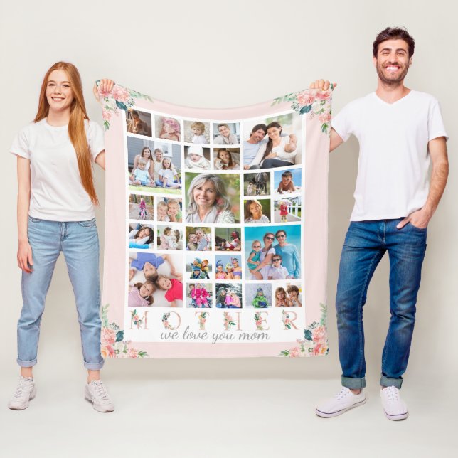 Modern MOTHER Photo Collage Blush Pink Floral Fleece Blanket (In Situ)