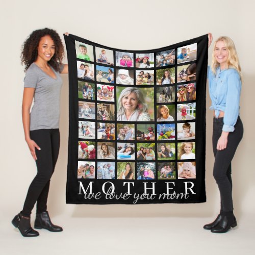 Modern MOTHER Script WE LOVE YOU MOM Photo Collage Fleece Blanket