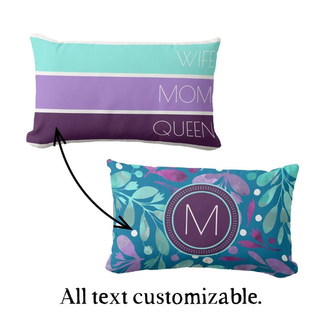 Modern Mother's Day Typography and Floral Lumbar Pillow (Customizable Mother's Day pillow in aqua, lilac, and deep purple. Personalize with initial and text.)