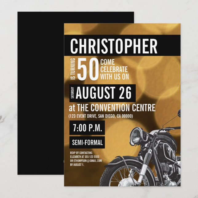 Modern Motorcycle theme 50th birthday Golden Invitation (Front/Back)