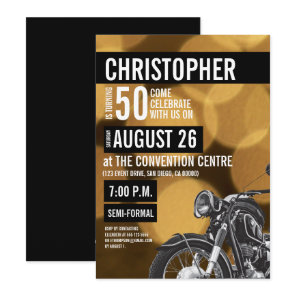 Modern Motorcycle theme 50th birthday Golden Invitation