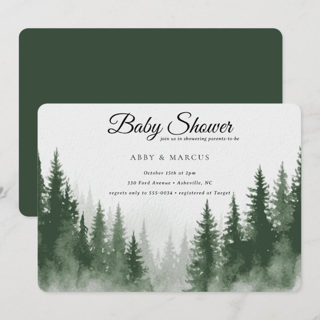 Modern Mountain Forest Adventure Green Baby Shower Invitation (Front/Back)