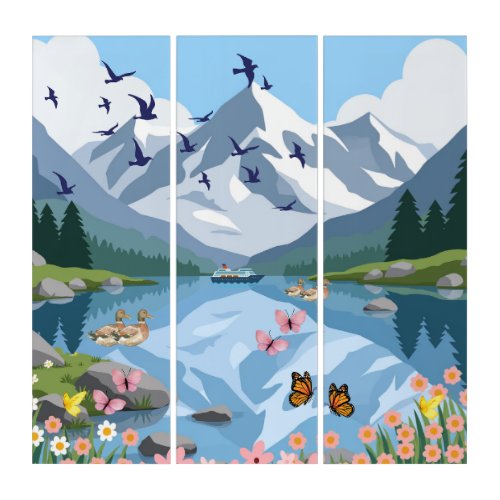 Modern Mountain Lake Triptych Wall Art