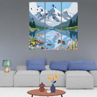 Modern Mountain Lake Triptych Wall Art
