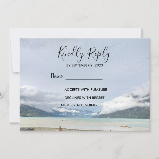 Modern mountain summer beach wedding RSVP cards (Front)