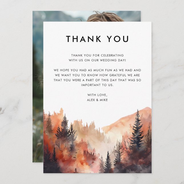 Modern Mountain Wedding Fall Custom Photo Thank You Card (Front/Back)