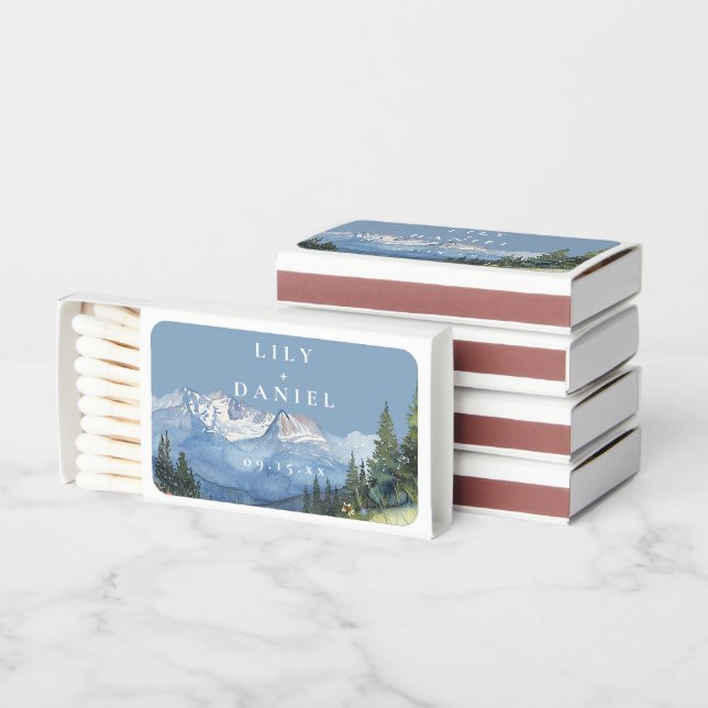 Modern Mountain Wildflower Dusty Blue Wedding Matchboxes (Stacked)