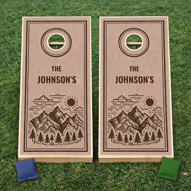 Modern Mountains Camping Cornhole Set (Modern Rustic Mountain Custom Cornhole Set)