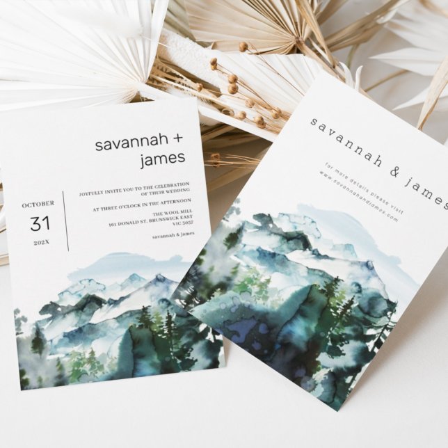  Modern Mountains Pine trees Minimalist Wedding Invitation (Creator Uploaded)