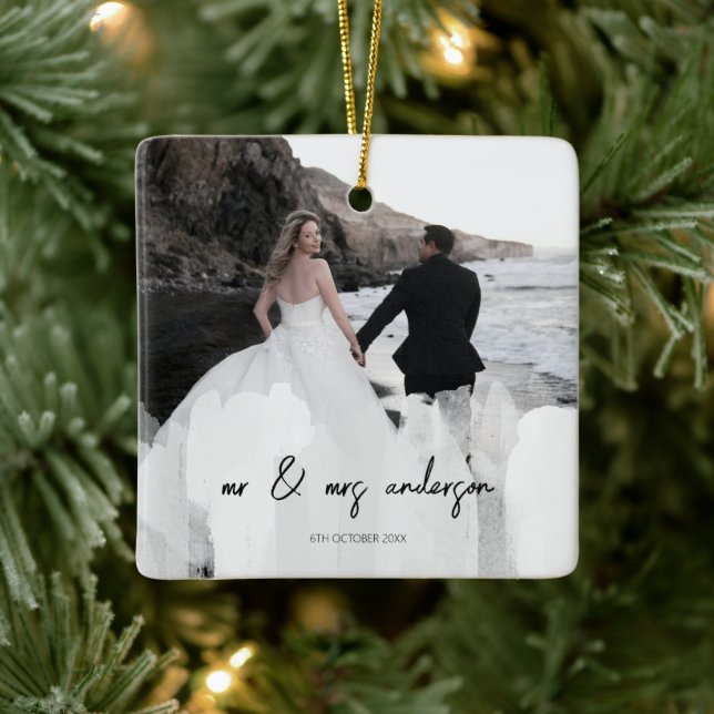 Modern Mr and Mrs 2 Photos Christmas Ceramic Ornament (Tree)