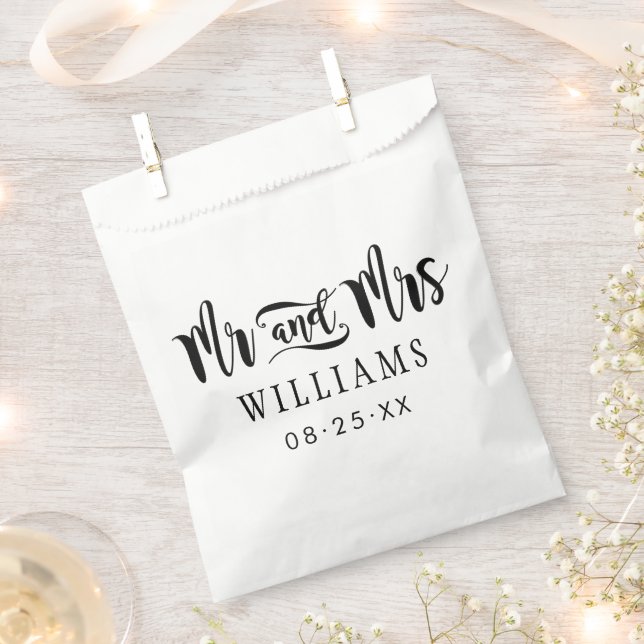 Modern Mr and Mrs Black Script Wedding Favor Bag (Clipped)