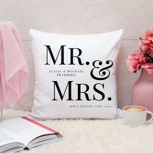 Modern Mr and Mrs custom name black and white Throw Pillow