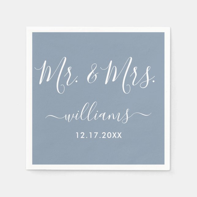 Modern Mr. and Mrs. Dusty Blue Wedding Napkins (Front)