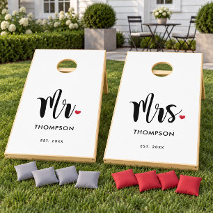 Modern Mr and Mrs Heart White Wedding Cornhole Set