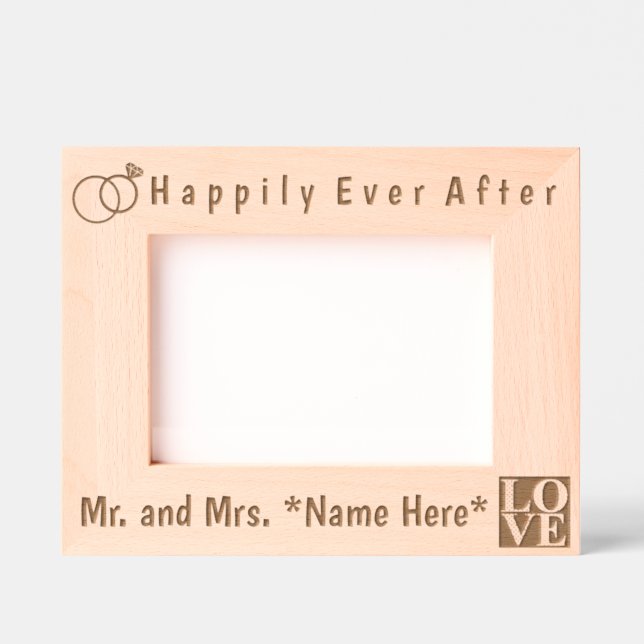 Modern Mr. and Mrs. Names, Love and Wedding Rings Engraved Frames (Front)