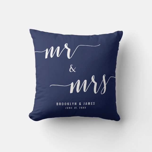 Modern Mr. and Mrs. Navy Blue Wedding Pillows (Front)
