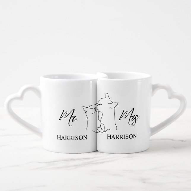 Modern Mr. and Mrs. Newlywed Couple Wedding Gift  Coffee Mug Set (Front Nesting)