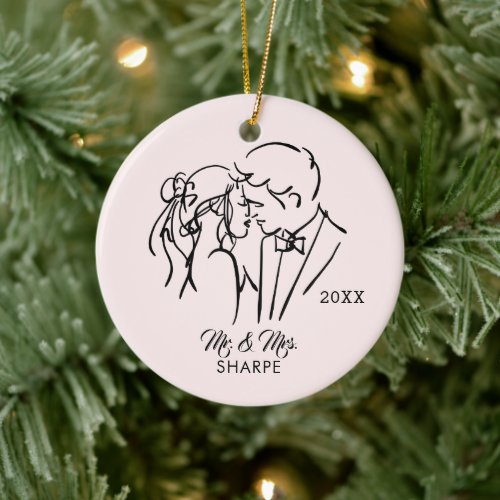Modern Mr And Mrs Personalized Wedding Christmas Ceramic Ornament