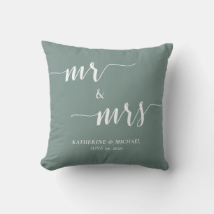 Modern Mr. and Mrs. Sage Green Wedding Pillow