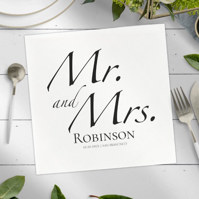 Modern Mr. and Mrs. Script | Black & White Wedding Napkins (Creator Uploaded)