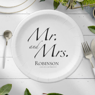 Modern Mr. and Mrs. Script Black & White Wedding Paper Plates