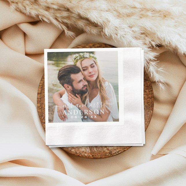 Modern Mr and Mrs Script Photo Wedding Napkins (Creator Uploaded)