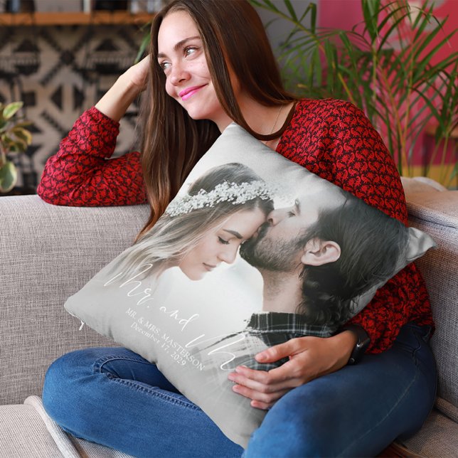 Modern Mr and Mrs Wedding Photo Throw Pillow (Creator Uploaded)