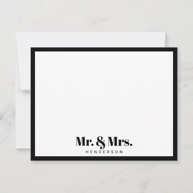 Modern Mr. and Mrs.Your Last Name Black White Note Card (Front)