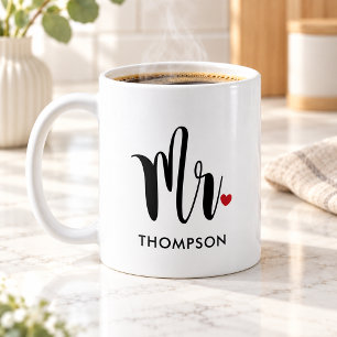 Modern Mr Calligraphy Heart Monogram Coffee Mug
