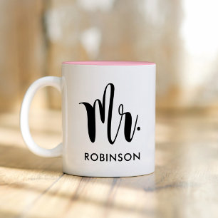 Modern Mr Calligraphy Pink Monogram Two-Tone Coffee Mug