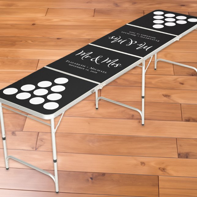 Modern Mr Mrs Black White Wedding Beer Pong Table (Creator Uploaded)