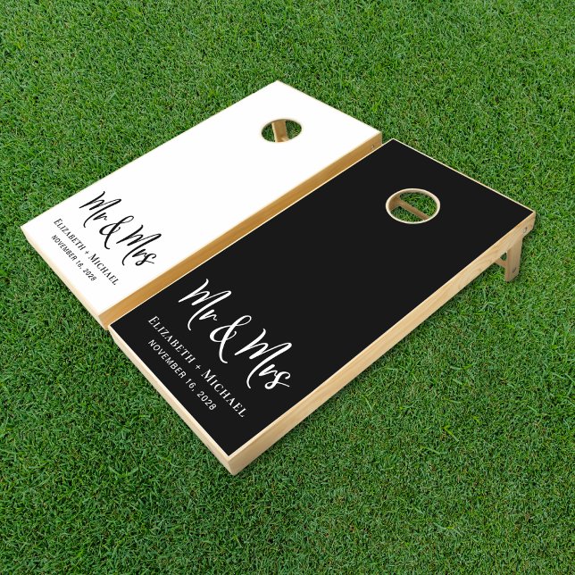 Modern Mr Mrs Black White Wedding Cornhole Set (Creator Uploaded)