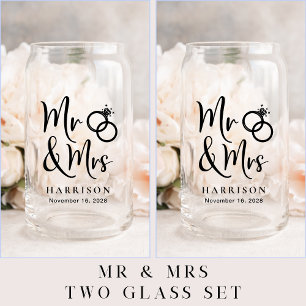 Modern Mr Mrs Bride Groom Wedding  Can Glass