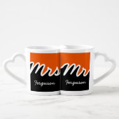 Modern Mr Mrs Color Block Orange White Black Coffee Mug Set (Front Nesting)