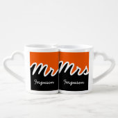 Modern Mr Mrs Color Block Orange White Black Coffee Mug Set (Back Nesting)